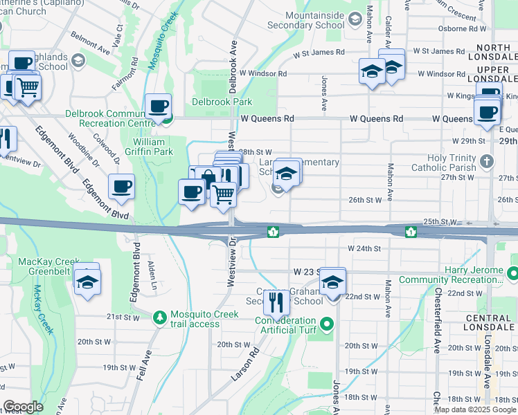 map of restaurants, bars, coffee shops, grocery stores, and more near 408 28th Street West in North Vancouver