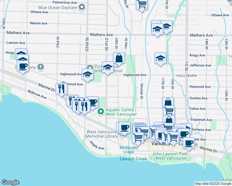 map of restaurants, bars, coffee shops, grocery stores, and more near in West Vancouver