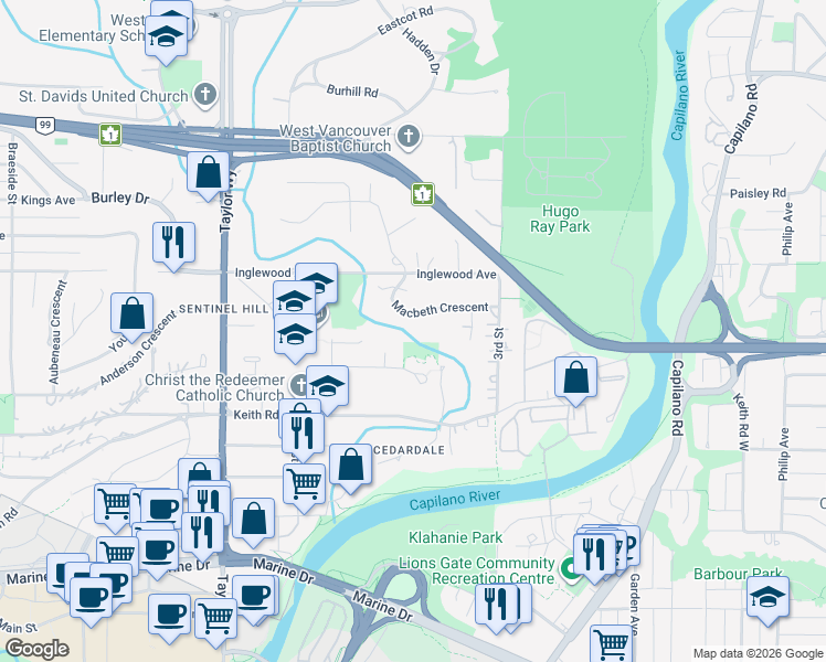 map of restaurants, bars, coffee shops, grocery stores, and more near 430 Macbeth Crescent in West Vancouver
