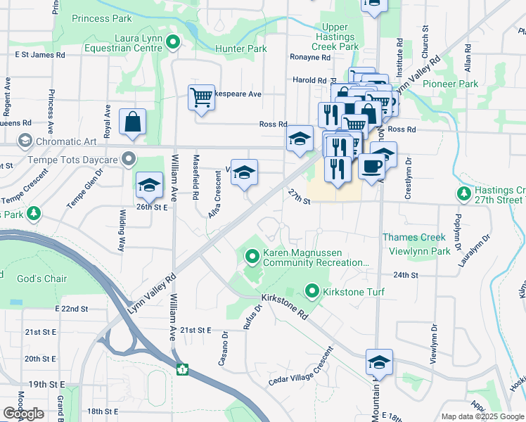 map of restaurants, bars, coffee shops, grocery stores, and more near 1027 Lynn Valley Road in North Vancouver
