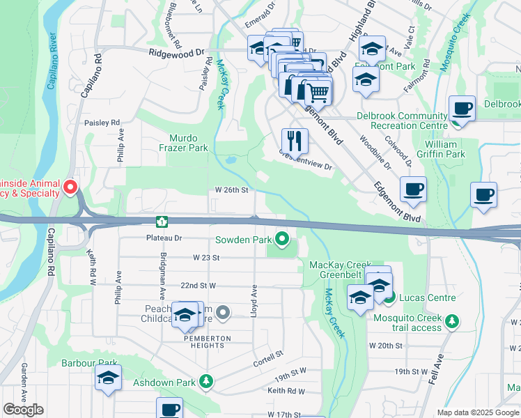 map of restaurants, bars, coffee shops, grocery stores, and more near 2520 Lloyd Avenue in North Vancouver