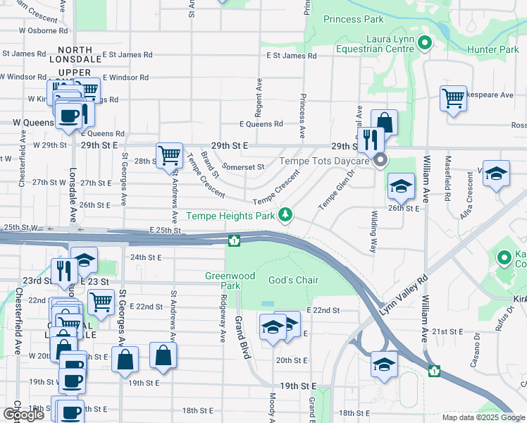 map of restaurants, bars, coffee shops, grocery stores, and more near 443 26th Street East in North Vancouver