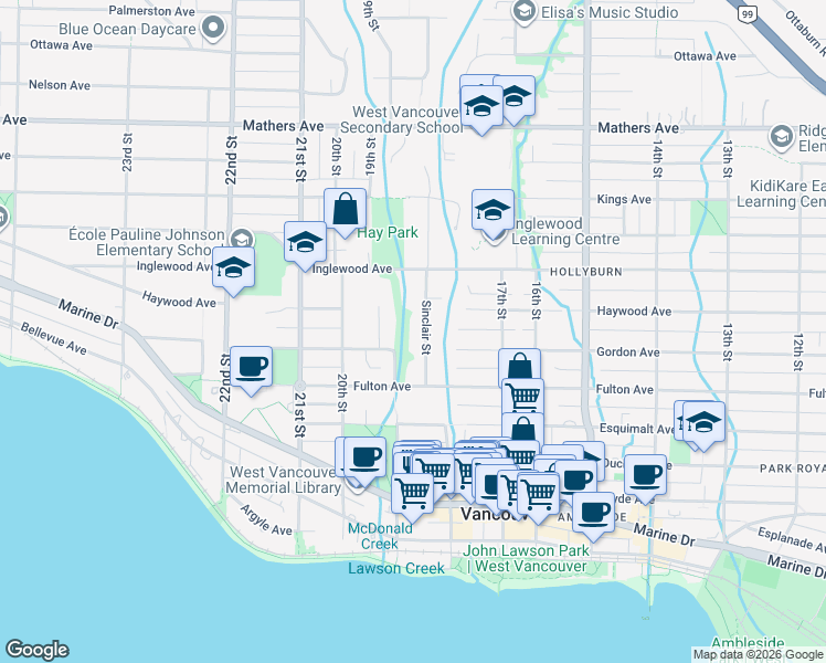map of restaurants, bars, coffee shops, grocery stores, and more near 955 Sinclair Street in West Vancouver