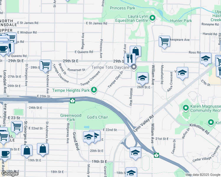 map of restaurants, bars, coffee shops, grocery stores, and more near 2676 Tempe Glen Drive in North Vancouver