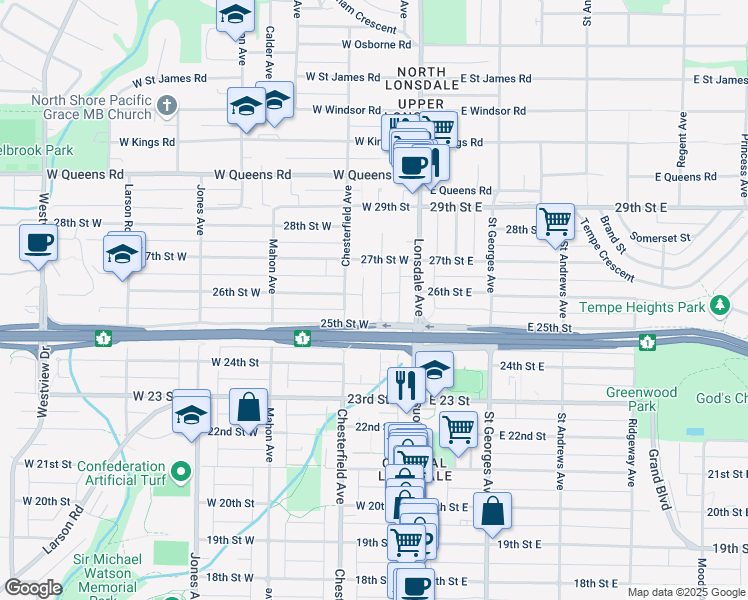 map of restaurants, bars, coffee shops, grocery stores, and more near 2553 Western Avenue in North Vancouver