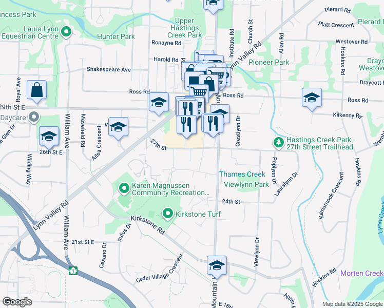 map of restaurants, bars, coffee shops, grocery stores, and more near 2663 Library Lane in North Vancouver
