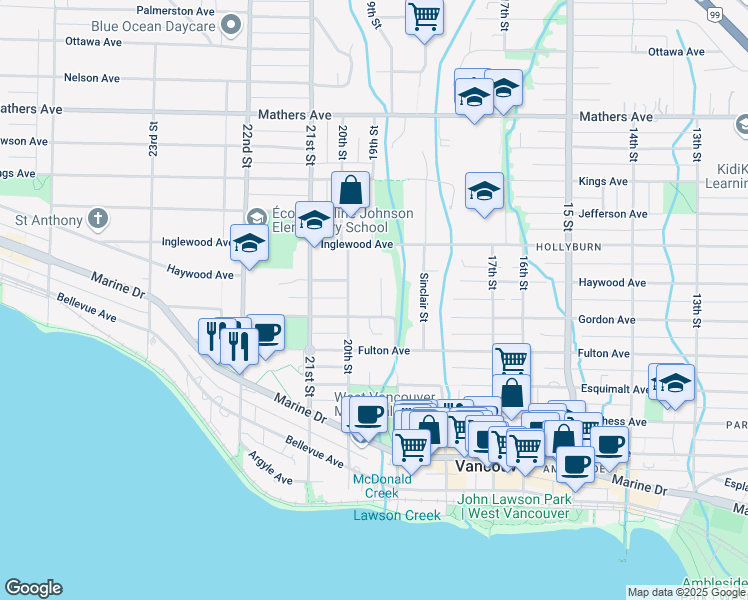 map of restaurants, bars, coffee shops, grocery stores, and more near 933 Sherwood Lane in West Vancouver