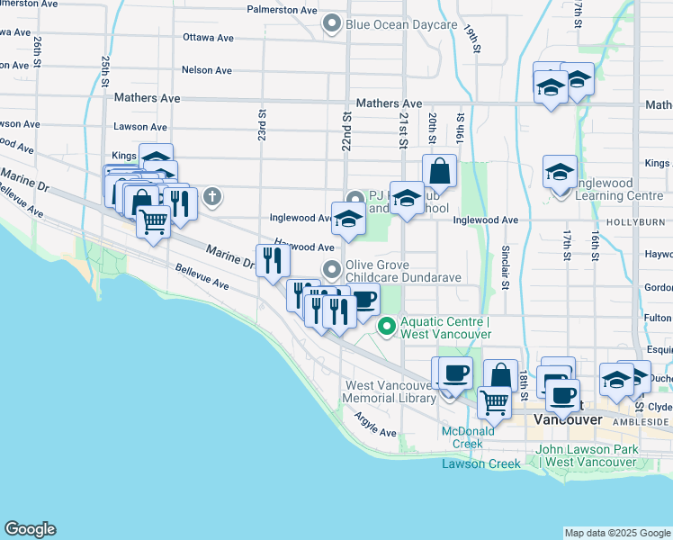 map of restaurants, bars, coffee shops, grocery stores, and more near 947 22nd Street West in North Vancouver
