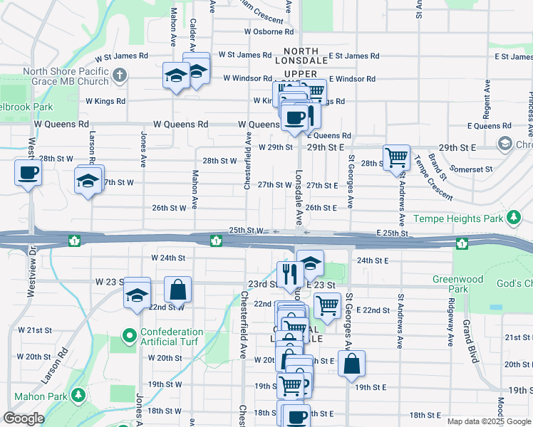 map of restaurants, bars, coffee shops, grocery stores, and more near 2553 Western Avenue in North Vancouver