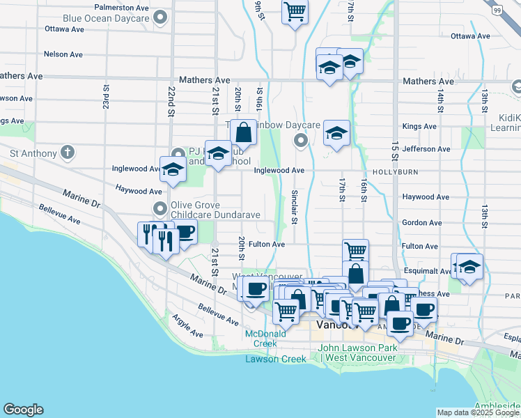 map of restaurants, bars, coffee shops, grocery stores, and more near 933 Sherwood Lane in West Vancouver