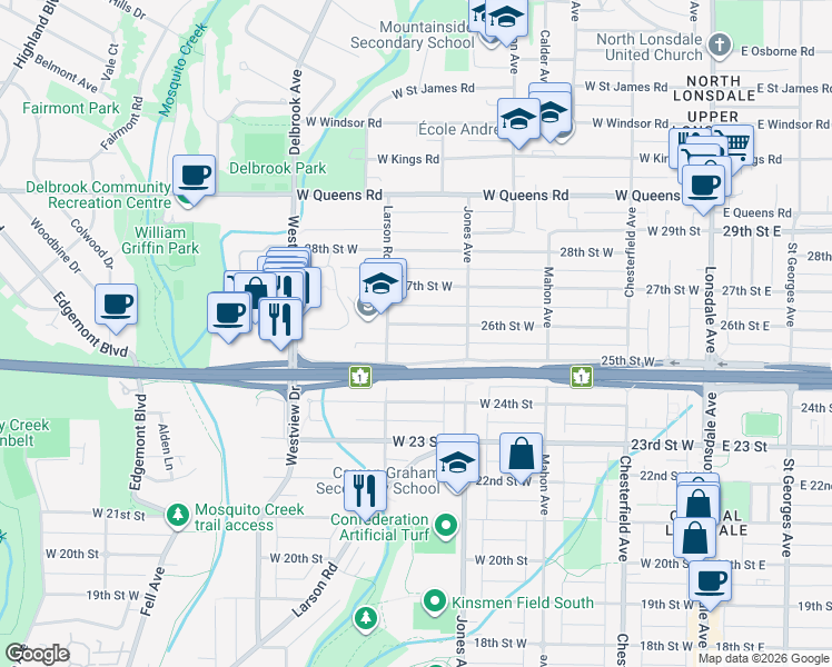 map of restaurants, bars, coffee shops, grocery stores, and more near 445 26th Street West in North Vancouver