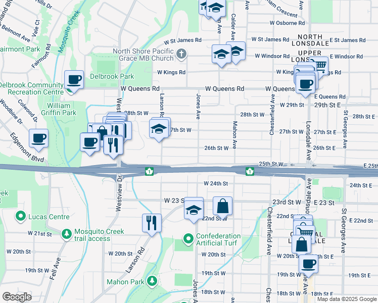 map of restaurants, bars, coffee shops, grocery stores, and more near 415 26th Street West in North Vancouver