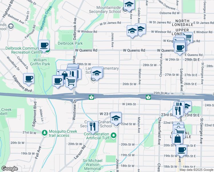 map of restaurants, bars, coffee shops, grocery stores, and more near 439 26th Street West in North Vancouver