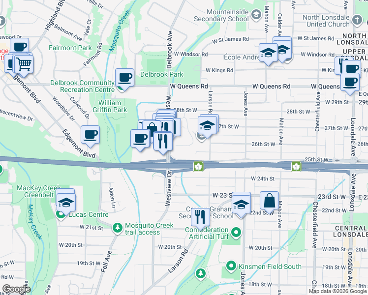 map of restaurants, bars, coffee shops, grocery stores, and more near 555 28th Street West in North Vancouver