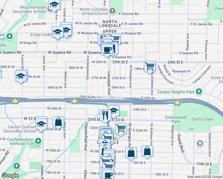 map of restaurants, bars, coffee shops, grocery stores, and more near 2590 Lonsdale Avenue in North Vancouver