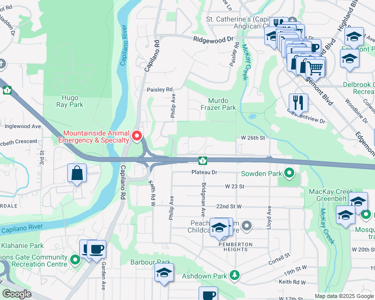 map of restaurants, bars, coffee shops, grocery stores, and more near 1352 Sunnyside Drive in North Vancouver