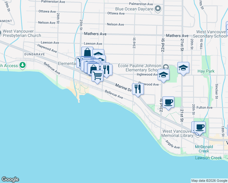 map of restaurants, bars, coffee shops, grocery stores, and more near 2361 Bellevue Avenue in West Vancouver