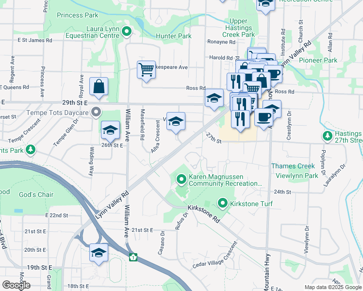 map of restaurants, bars, coffee shops, grocery stores, and more near 1000 Lynn Valley Road in North Vancouver