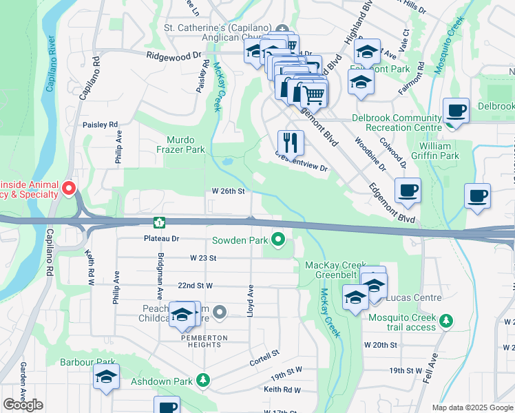 map of restaurants, bars, coffee shops, grocery stores, and more near 2556 Lloyd Avenue in North Vancouver