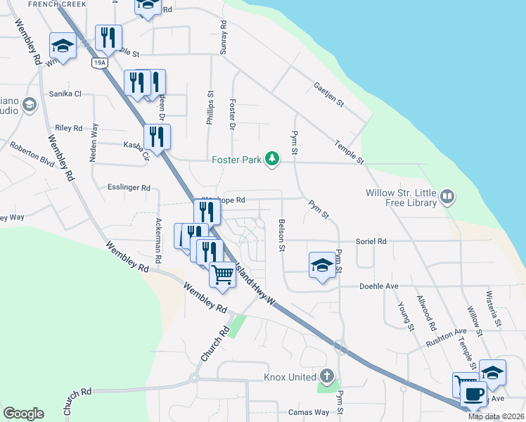 map of restaurants, bars, coffee shops, grocery stores, and more near 586 Hampstead Street in Parksville