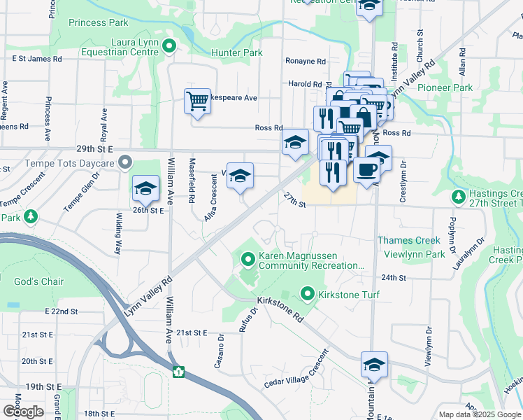 map of restaurants, bars, coffee shops, grocery stores, and more near 1027 Lynn Valley Road in North Vancouver