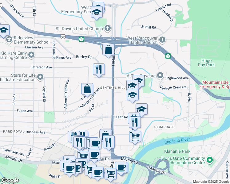 map of restaurants, bars, coffee shops, grocery stores, and more near 959 Taylor Place in West Vancouver