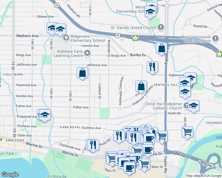 map of restaurants, bars, coffee shops, grocery stores, and more near 982 Braeside Street in West Vancouver
