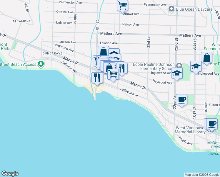 map of restaurants, bars, coffee shops, grocery stores, and more near Esplanade West in Vancouver