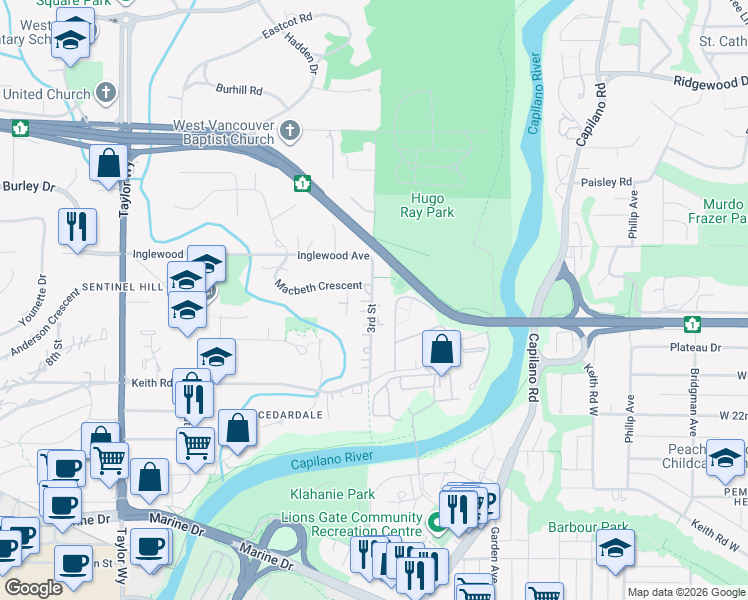 map of restaurants, bars, coffee shops, grocery stores, and more near 920 3rd Street West in North Vancouver