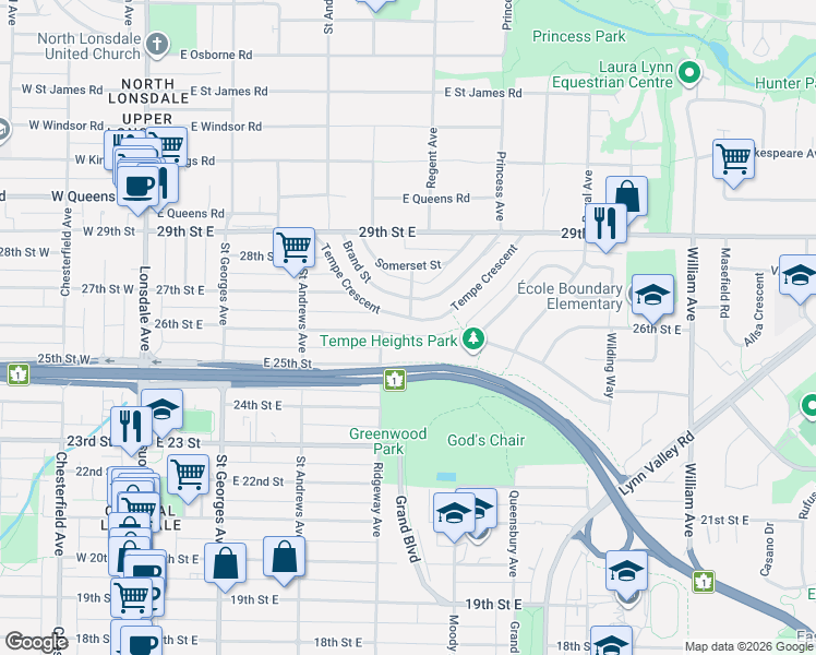map of restaurants, bars, coffee shops, grocery stores, and more near 425 Tempe Crescent in North Vancouver