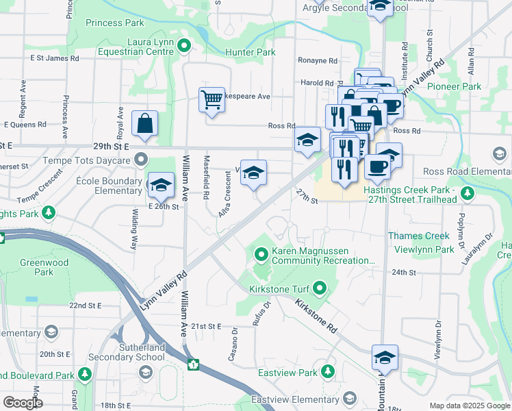map of restaurants, bars, coffee shops, grocery stores, and more near 2701 Saint Christophers Road in North Vancouver