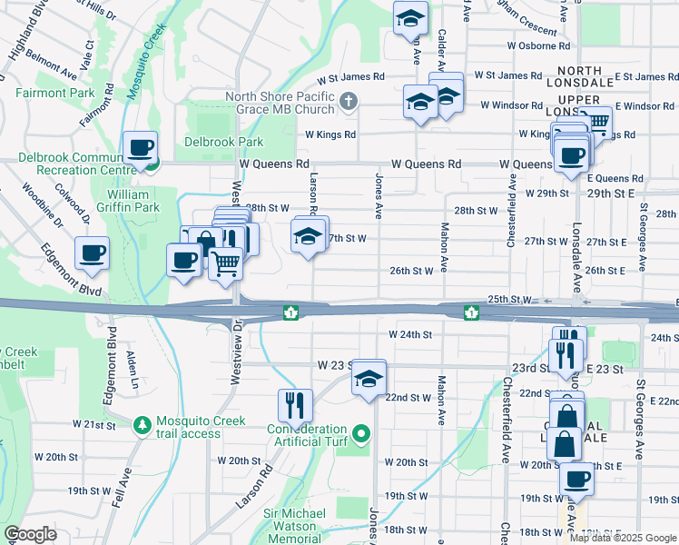 map of restaurants, bars, coffee shops, grocery stores, and more near 439 26th Street West in North Vancouver