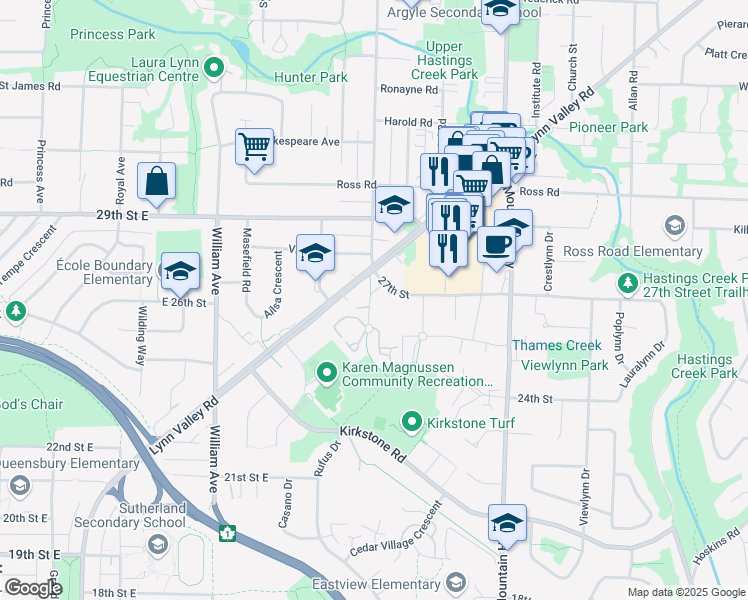 map of restaurants, bars, coffee shops, grocery stores, and more near 2640 Fromme Road in North Vancouver