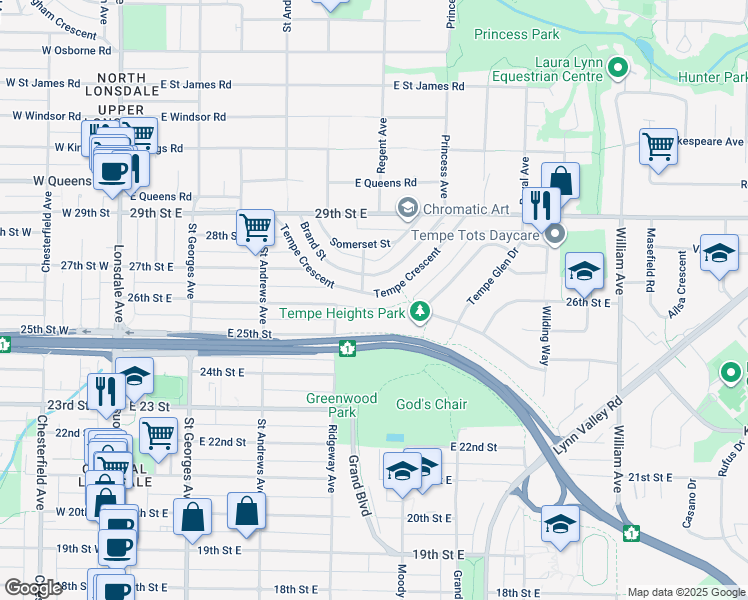 map of restaurants, bars, coffee shops, grocery stores, and more near 441 Tempe Crescent in North Vancouver
