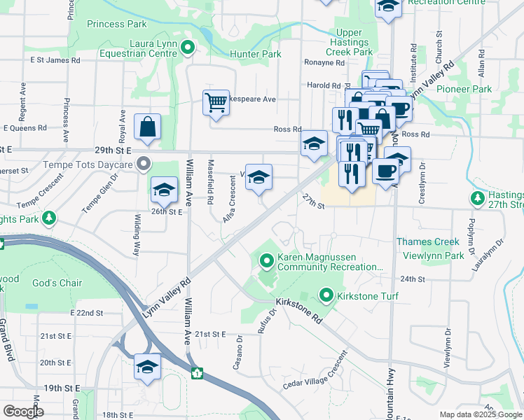 map of restaurants, bars, coffee shops, grocery stores, and more near 2701 Saint Christophers Road in North Vancouver
