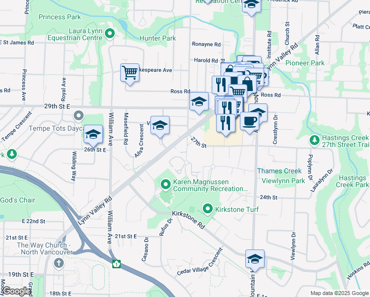 map of restaurants, bars, coffee shops, grocery stores, and more near 2607 Fromme Road in North Vancouver