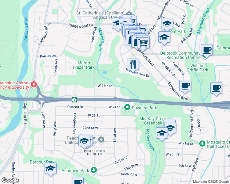 map of restaurants, bars, coffee shops, grocery stores, and more near 2556 Lloyd Avenue in North Vancouver