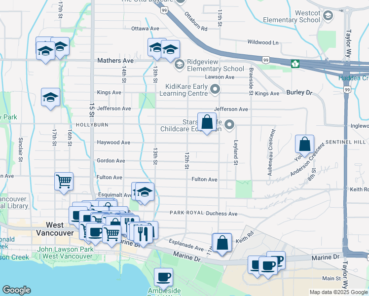 map of restaurants, bars, coffee shops, grocery stores, and more near 1208 Haywood Avenue in West Vancouver