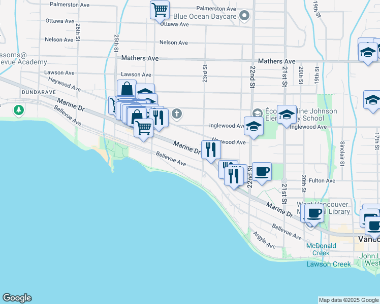map of restaurants, bars, coffee shops, grocery stores, and more near 2324 Southeast Marine Drive in Vancouver