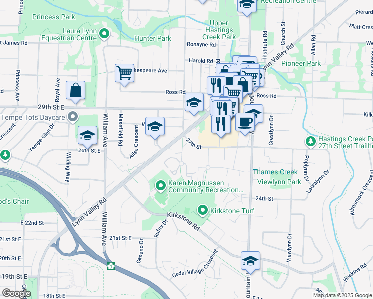 map of restaurants, bars, coffee shops, grocery stores, and more near 2620 Fromme Road in North Vancouver