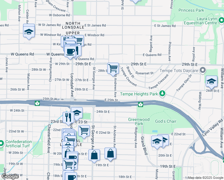 map of restaurants, bars, coffee shops, grocery stores, and more near 203 26th Street East in North Vancouver