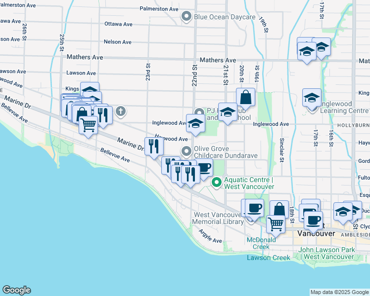 map of restaurants, bars, coffee shops, grocery stores, and more near 947 22nd Street in West Vancouver