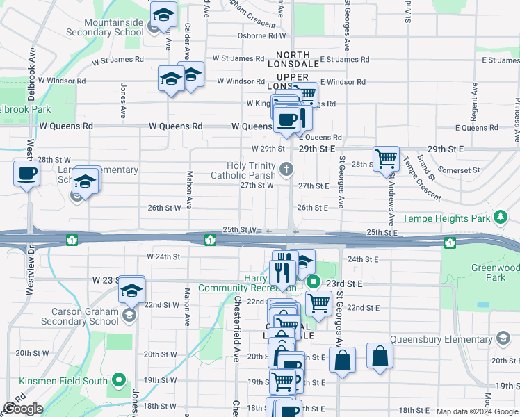 map of restaurants, bars, coffee shops, grocery stores, and more near 2567 Western Avenue in North Vancouver