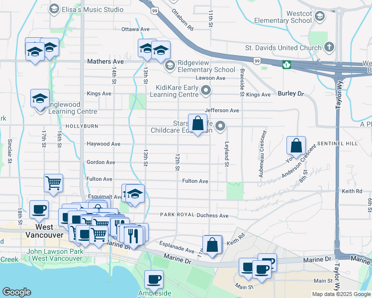 map of restaurants, bars, coffee shops, grocery stores, and more near 1172 Haywood Avenue in West Vancouver