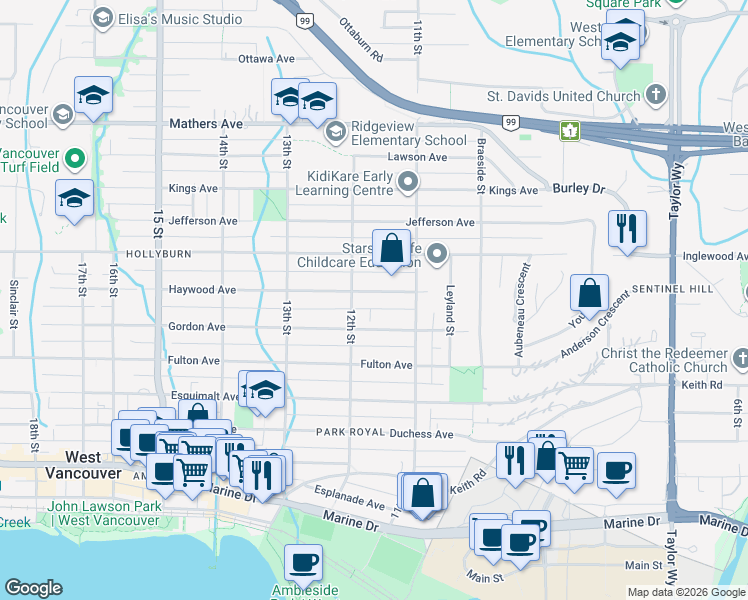 map of restaurants, bars, coffee shops, grocery stores, and more near 1166 Haywood Avenue in West Vancouver
