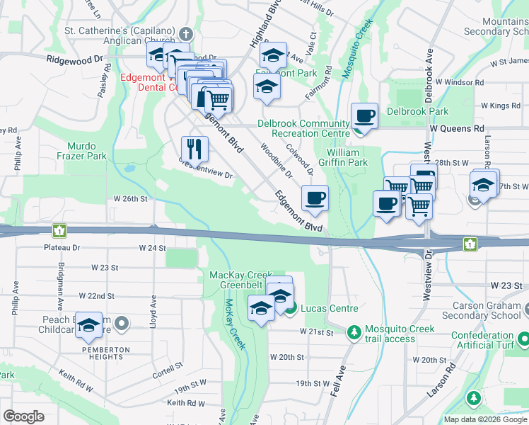 map of restaurants, bars, coffee shops, grocery stores, and more near 2567 Newmarket Drive in North Vancouver