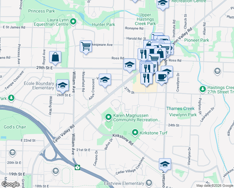 map of restaurants, bars, coffee shops, grocery stores, and more near 1071 Lynn Valley Road in North Vancouver