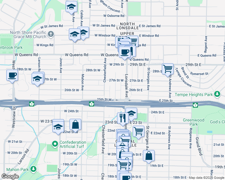 map of restaurants, bars, coffee shops, grocery stores, and more near 2567 Western Avenue in North Vancouver