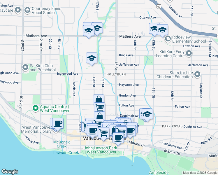 map of restaurants, bars, coffee shops, grocery stores, and more near 1562 Haywood Avenue in West Vancouver
