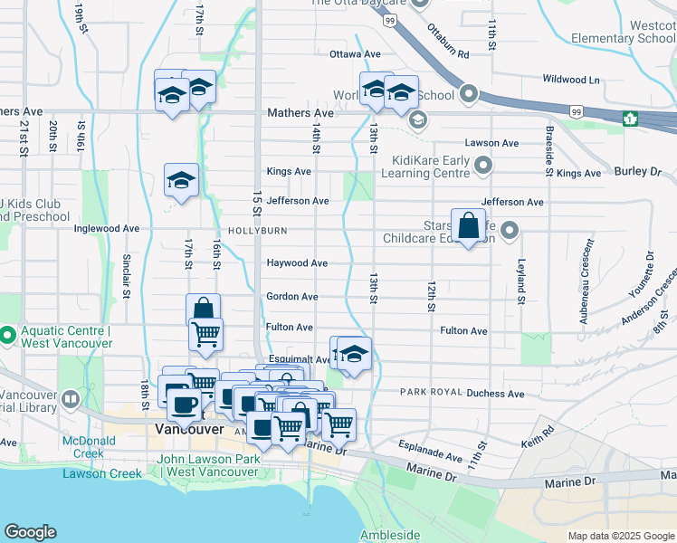 map of restaurants, bars, coffee shops, grocery stores, and more near 1362 Haywood Avenue in West Vancouver